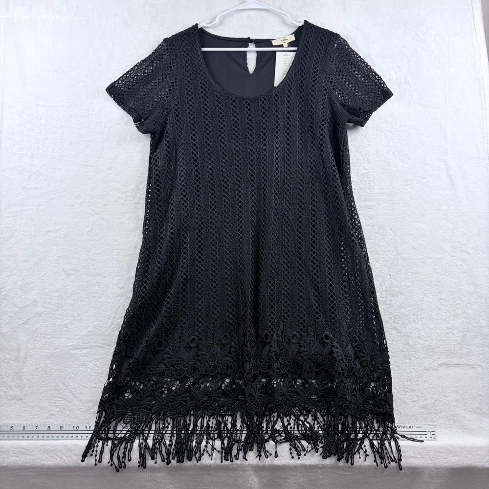 Entro Black Dress Crochet Lace Fringe Hem Boho Shift Dress Women's‎ Large